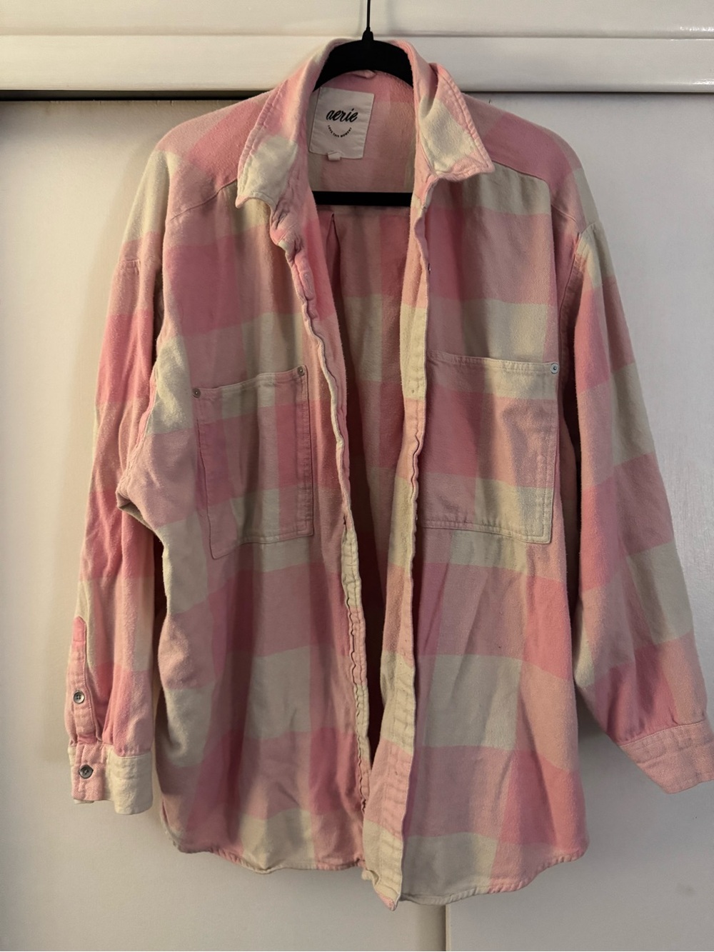 aerie Pink and Cream Plaid Casual Button-Down Shirt